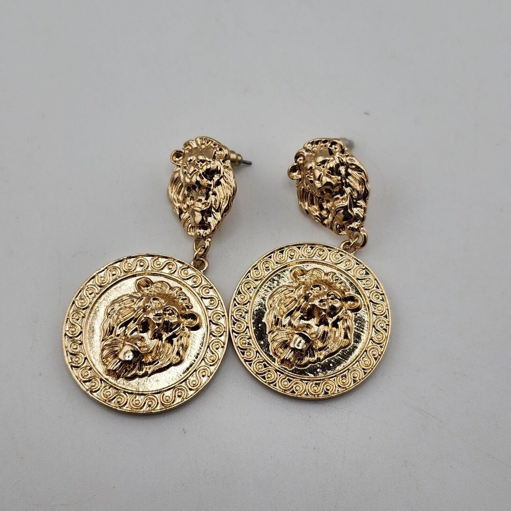 Lions Head‎ Dangle Earrings Gold Tone
